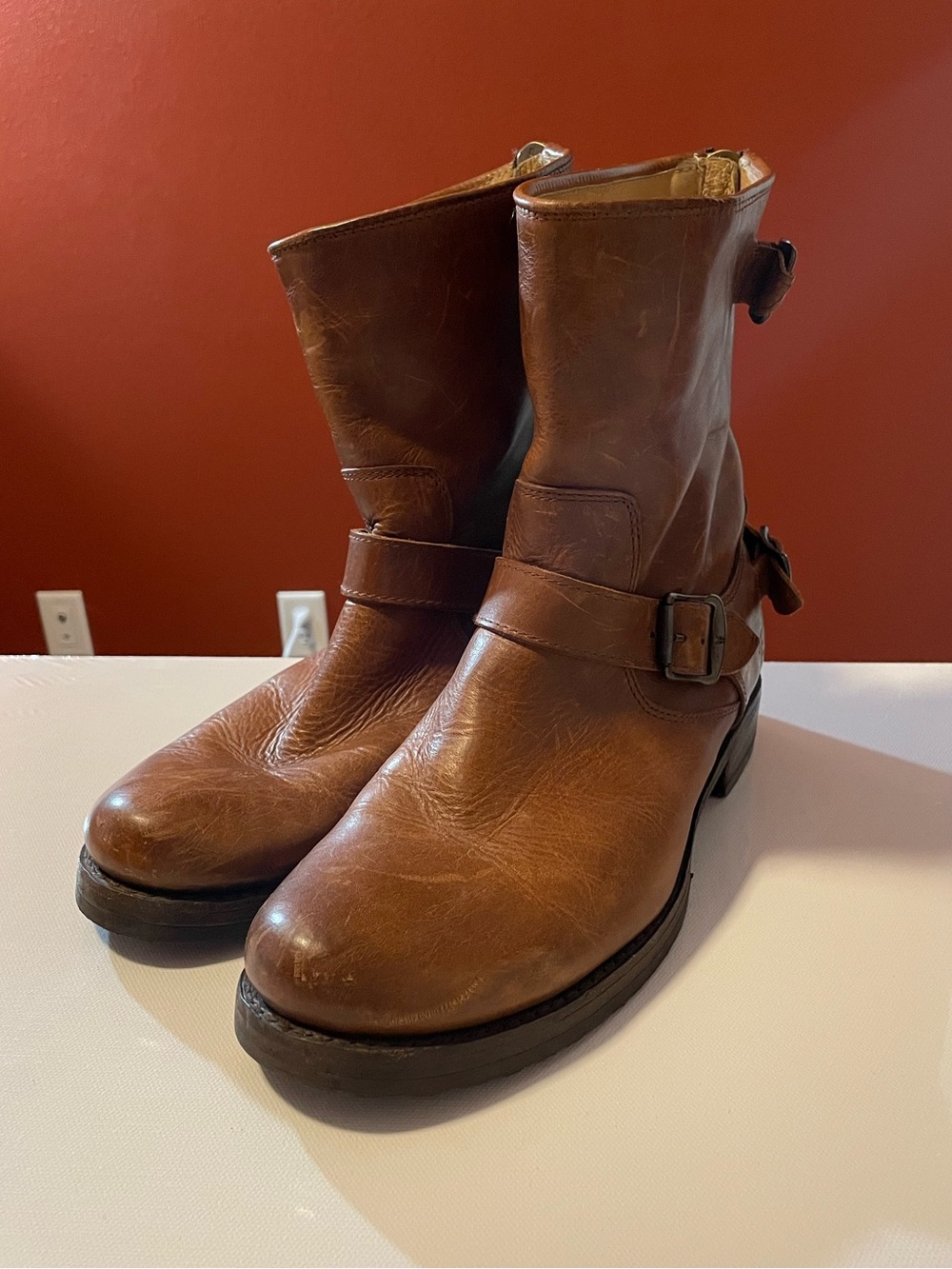 Frye Women’s Veronica Cognac Brown Leather B Back Zipper Motorcycle Biker Boot
